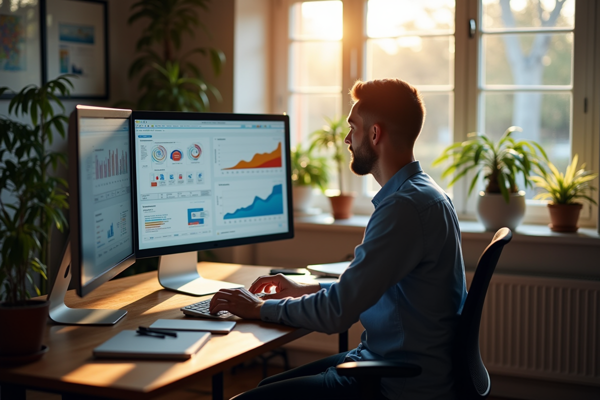 Professionnel marketing analysant une campagne sur son ordinateur