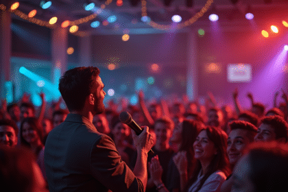 Animateur festif avec micro engageant le public lors d'un événement