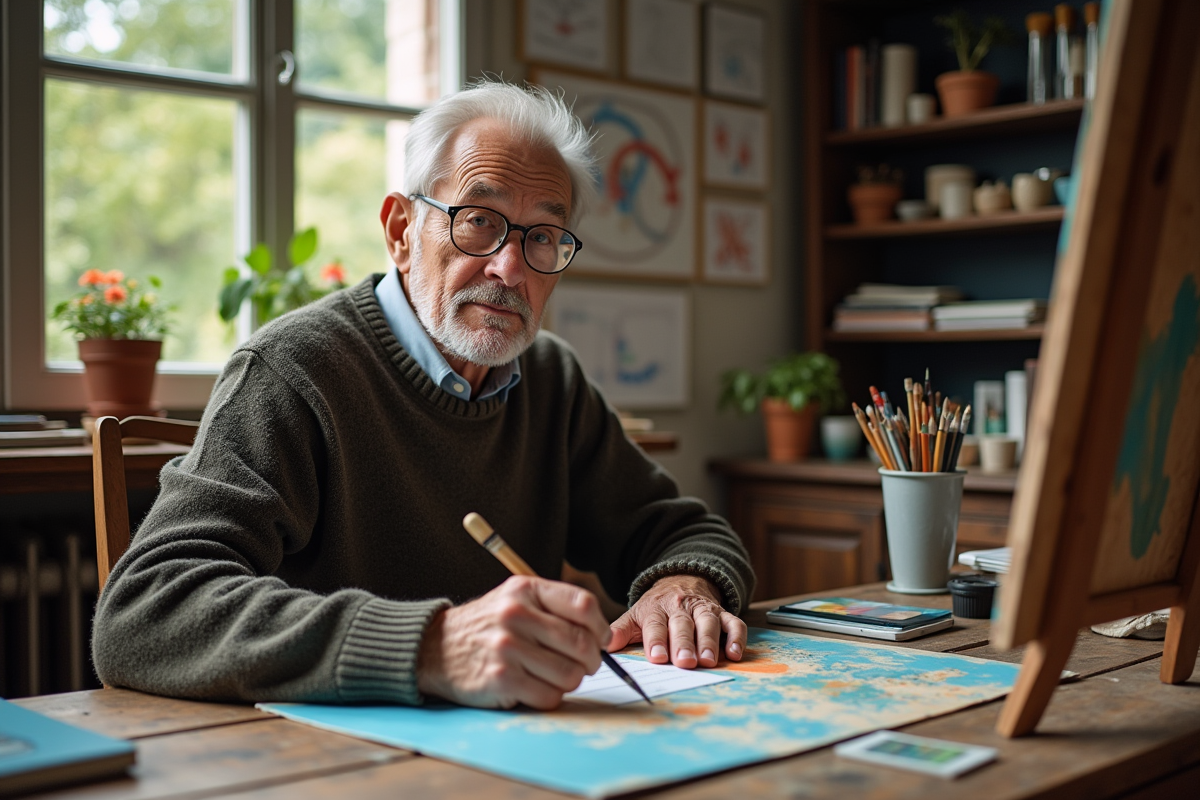 Artiste âgé tenant un pinceau devant une toile colorée