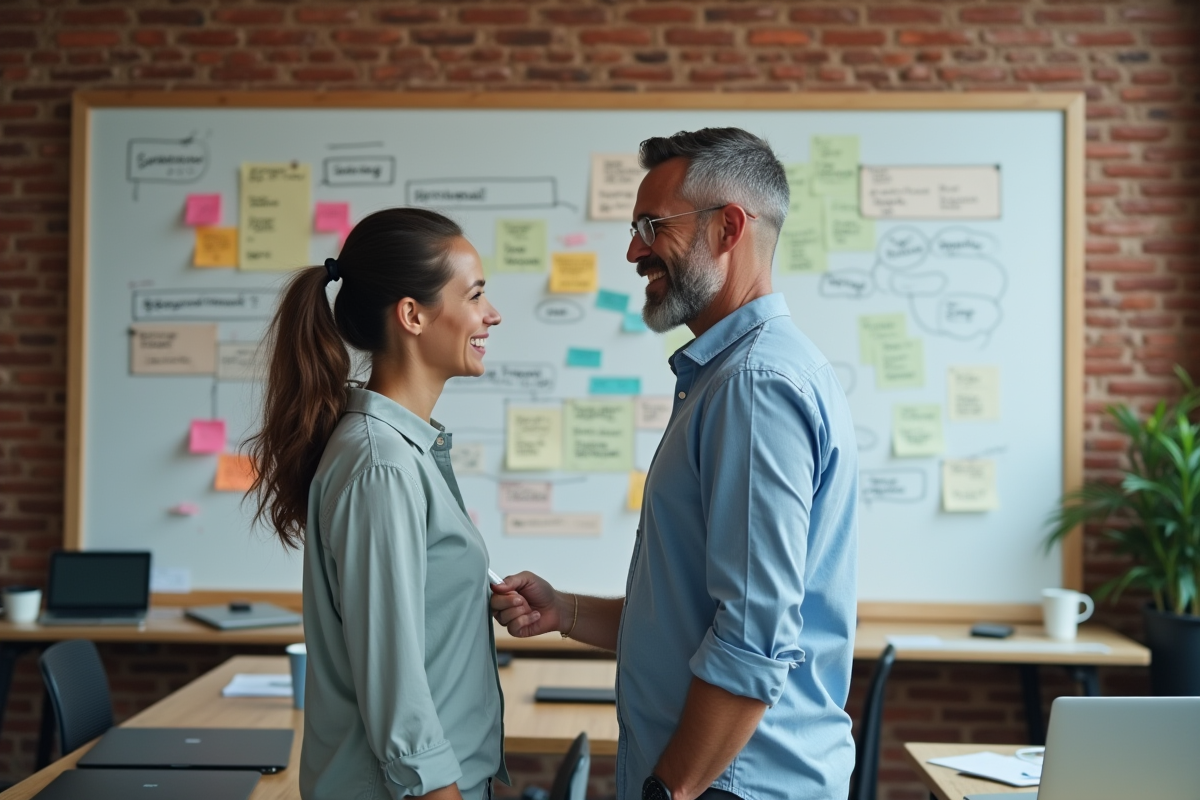 Deux collègues en brainstorming devant un tableau blanc coloré