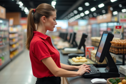 Femme caissière en supermarche avec caisse moderne