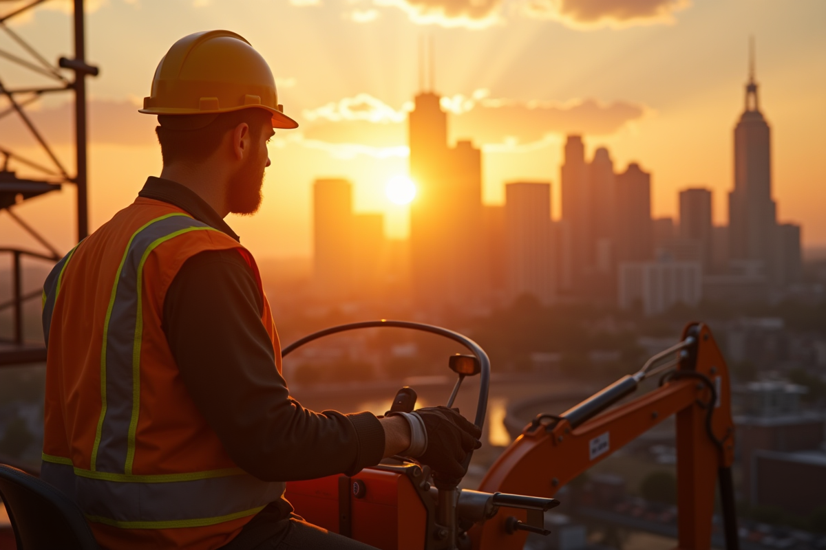 Ouvrier sur un chantier au lever du soleil avec skyline