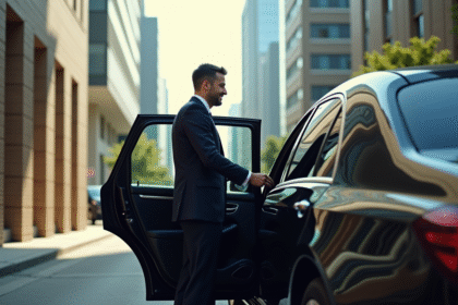Chauffeur professionnel en costume ouvre la porte d'une voiture de luxe pour un client souriant en ville