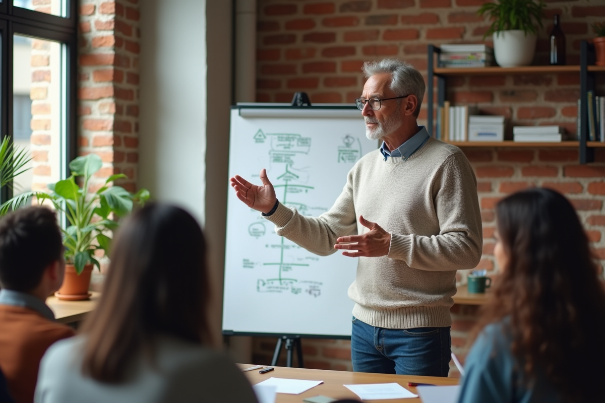 Coach discutant avec un groupe dans un espace de coworking