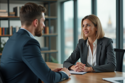 Coach femme écoute un jeune homme en réunion de coaching