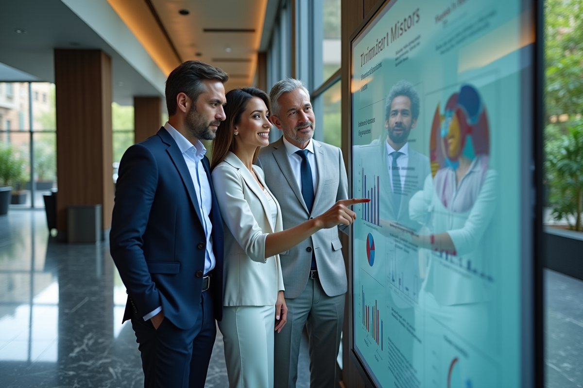 Trois collaborateurs utilisant un écran tactile dans un lobby