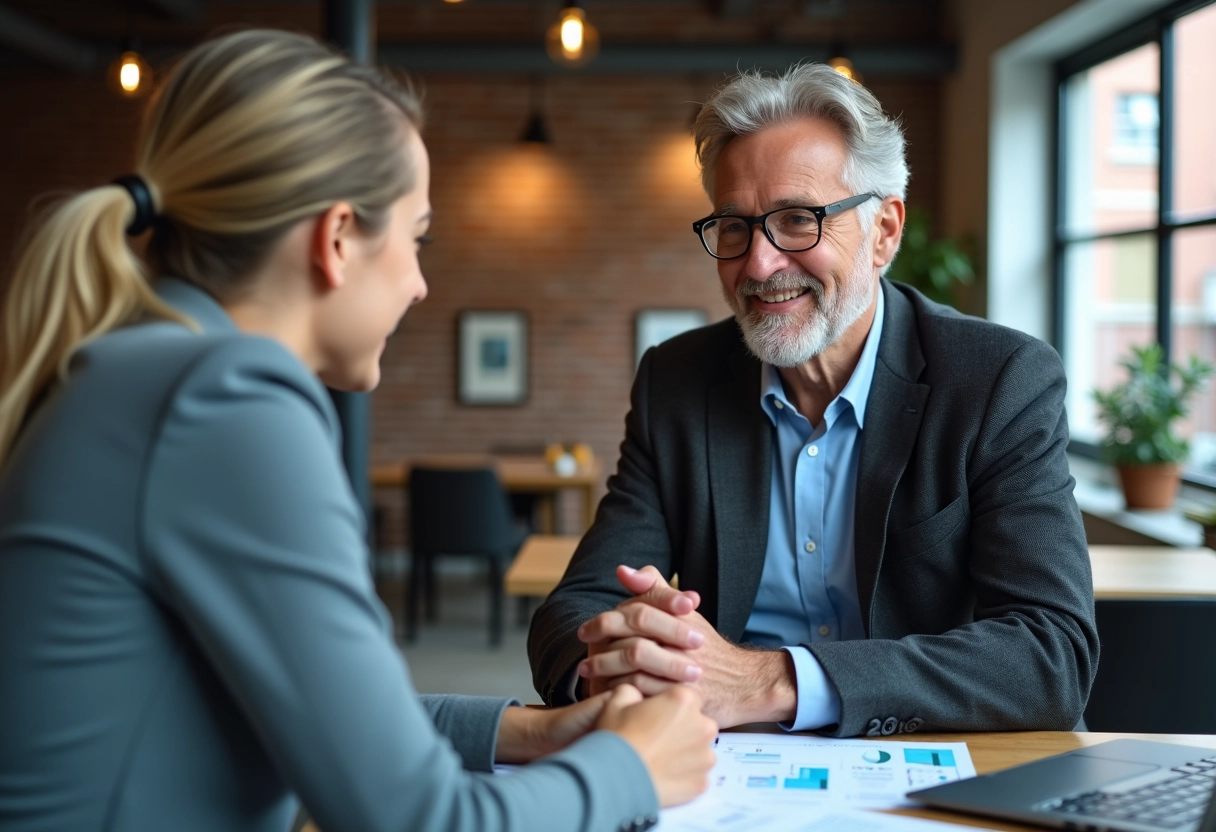 Conseiller en assurance discutant avec un entrepreneur dans un espace de coworking