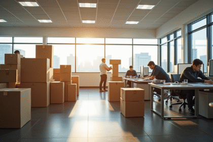 Bureau d'entreprise avec cartons et employés en déménagement