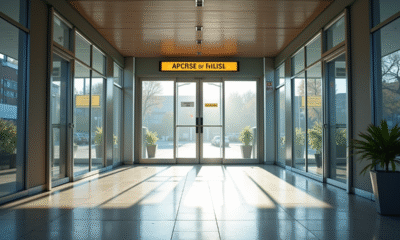 Entrée d'un bâtiment public moderne avec signalisation et accès sécurisé