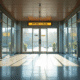 Entrée d'un bâtiment public moderne avec signalisation et accès sécurisé