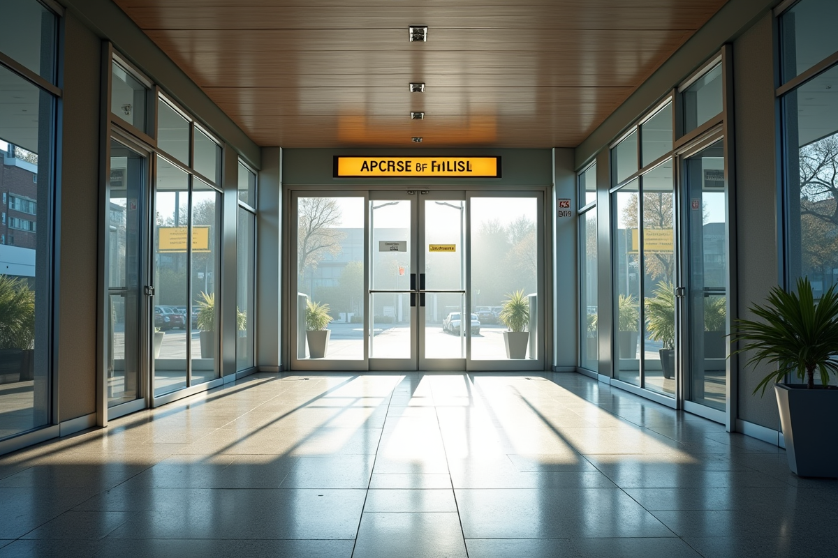 Entrée d'un bâtiment public moderne avec signalisation et accès sécurisé