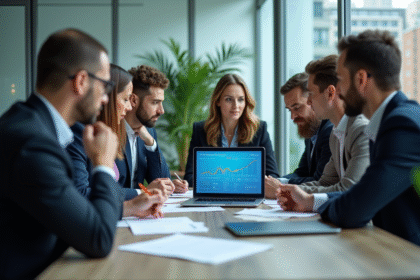 Groupe de professionnels autour d'un tableau digital en réunion