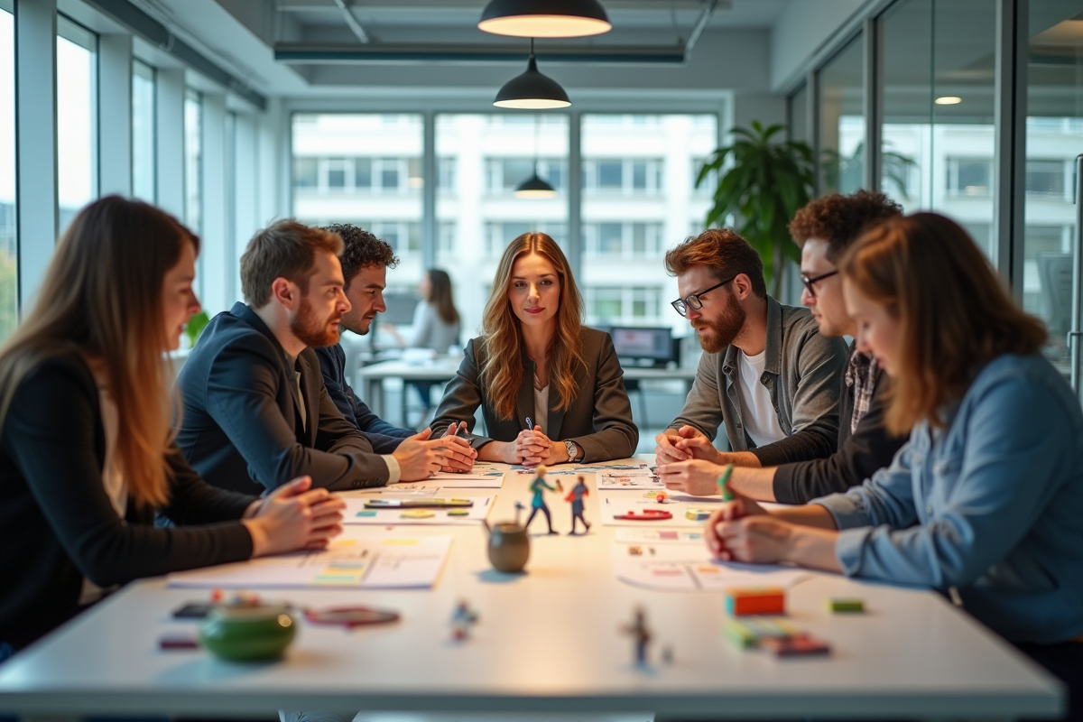 Équipe marketing créative discutant autour de maquettes de promotions