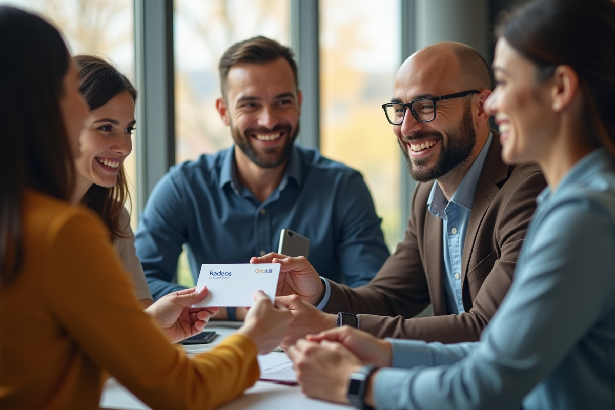 Groupe de collègues souriants recevant une carte cadeau Kadeos Infini