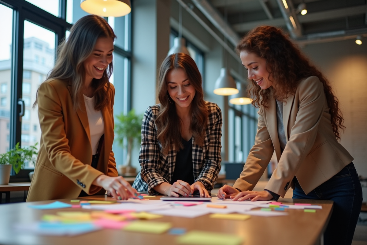 Groupe de femmes en réunion de travail dans un espace coworking