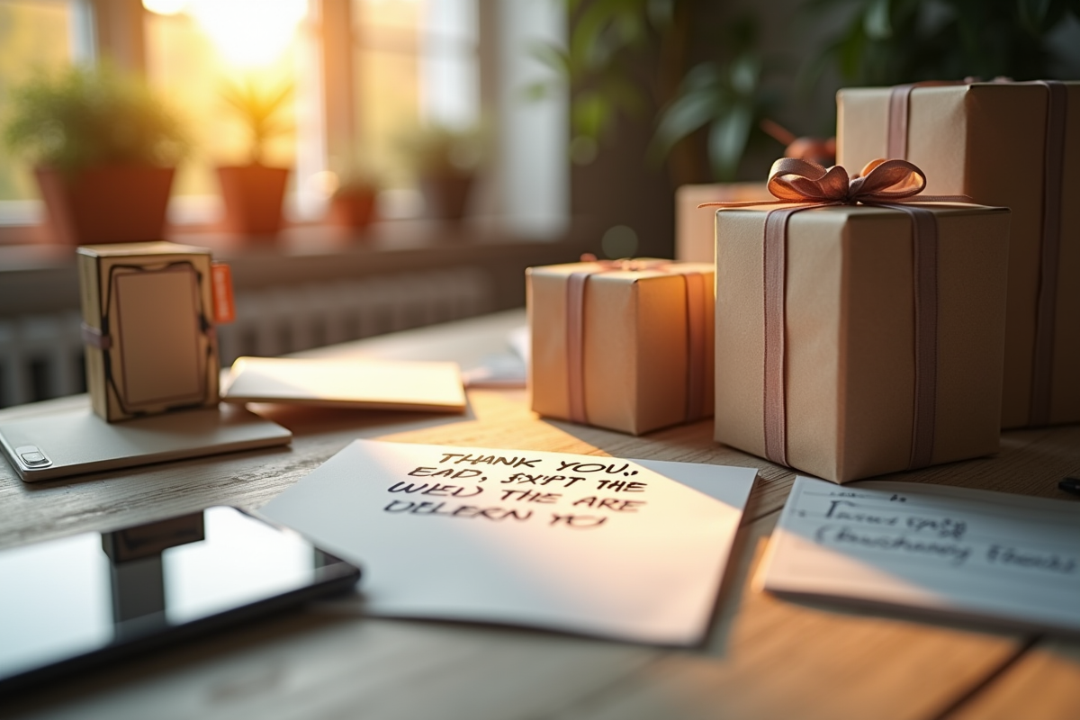 Espace de travail créatif avec cadeaux et carte de remerciement