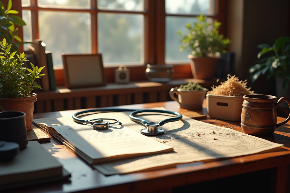 Espace de travail avec documents et outils variés