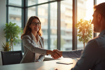 Femme d'affaires confiante serrant la main d'un client dans un bureau lumineux
