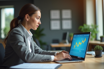 Femme d'affaires analysant un tableau de bord numérique