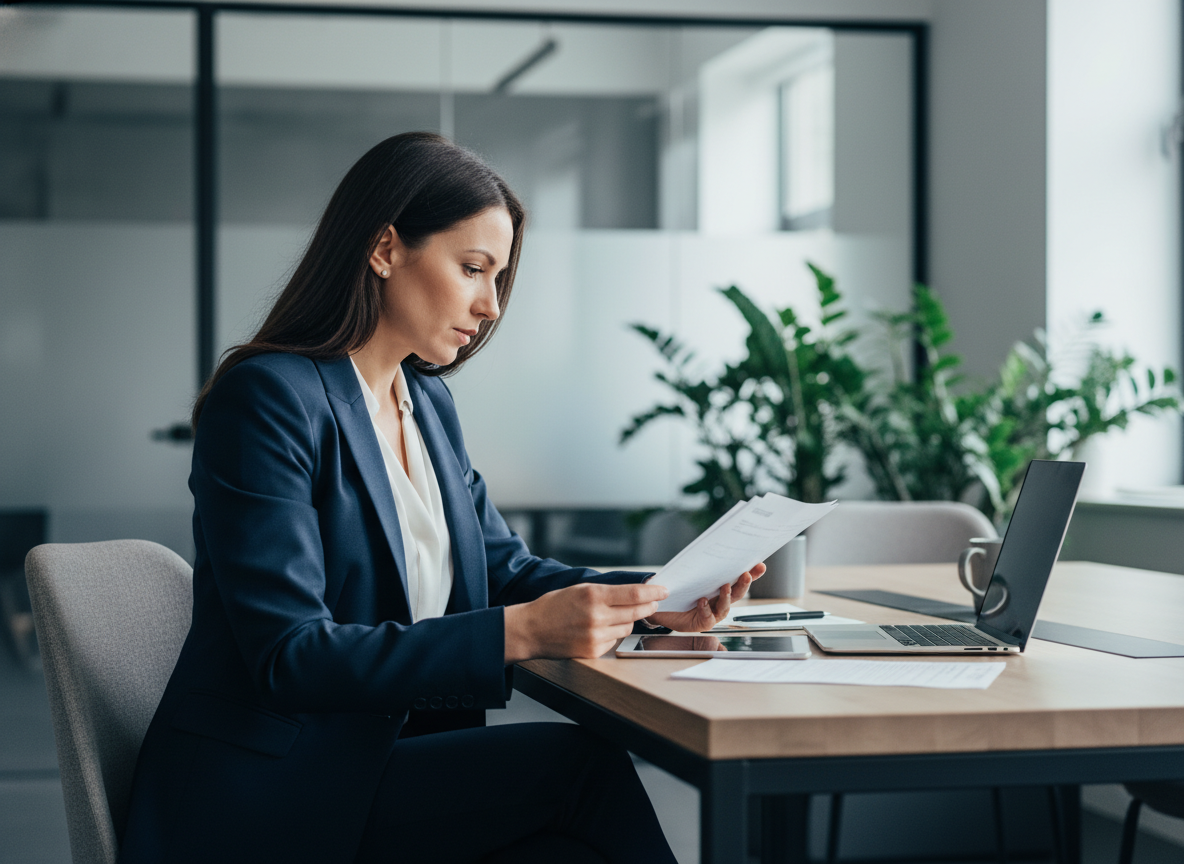 Femme d'affaires en costume bleu dans un bureau moderne