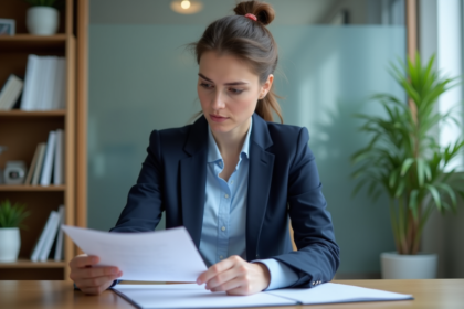 Femme d'affaires en bureau moderne lisant un document