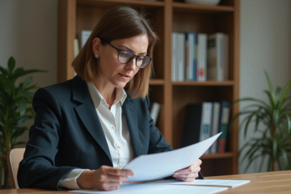 Femme d'affaires lisant des documents à la maison