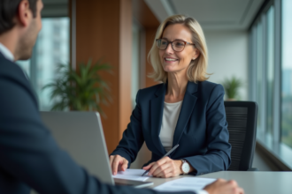 Femme d'affaires en costume navy dans un bureau moderne