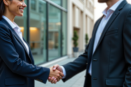 Femme d'affaires en costume serrant la main à un partenaire