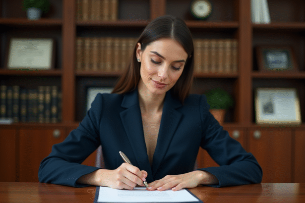 Femme d'affaires signant un document dans un bureau moderne