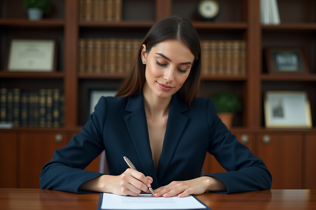 Femme d'affaires signant un document dans un bureau moderne