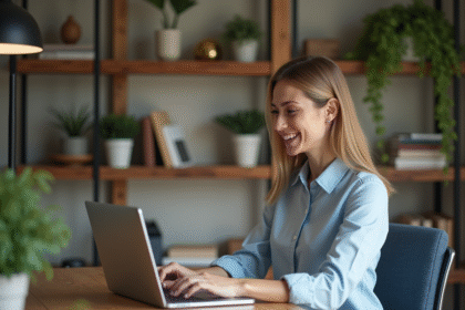 Jeune femme souriante analysant des ventes dans son bureau moderne