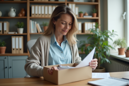 Femme rangeant des documents dans une boîte d'archives dans un bureau