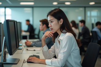 Jeune femme au bureau en réflexion avec ordinateur