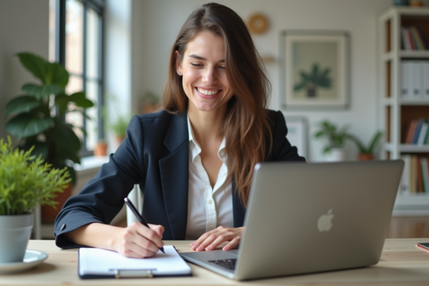 Jeune femme au bureau organisée et souriante