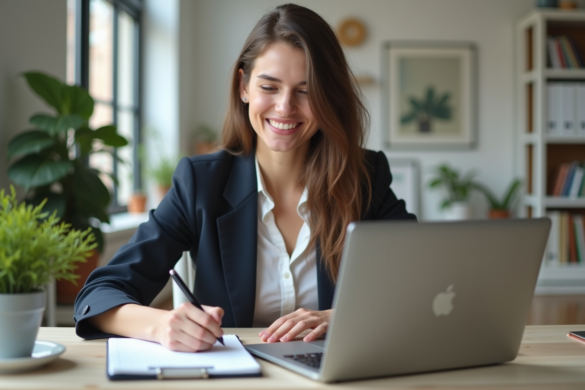 Jeune femme au bureau organisée et souriante