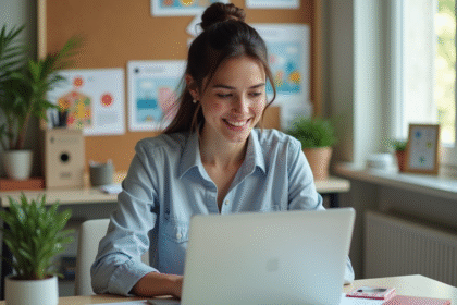 Jeune femme concevant un flyer dans un bureau lumineux
