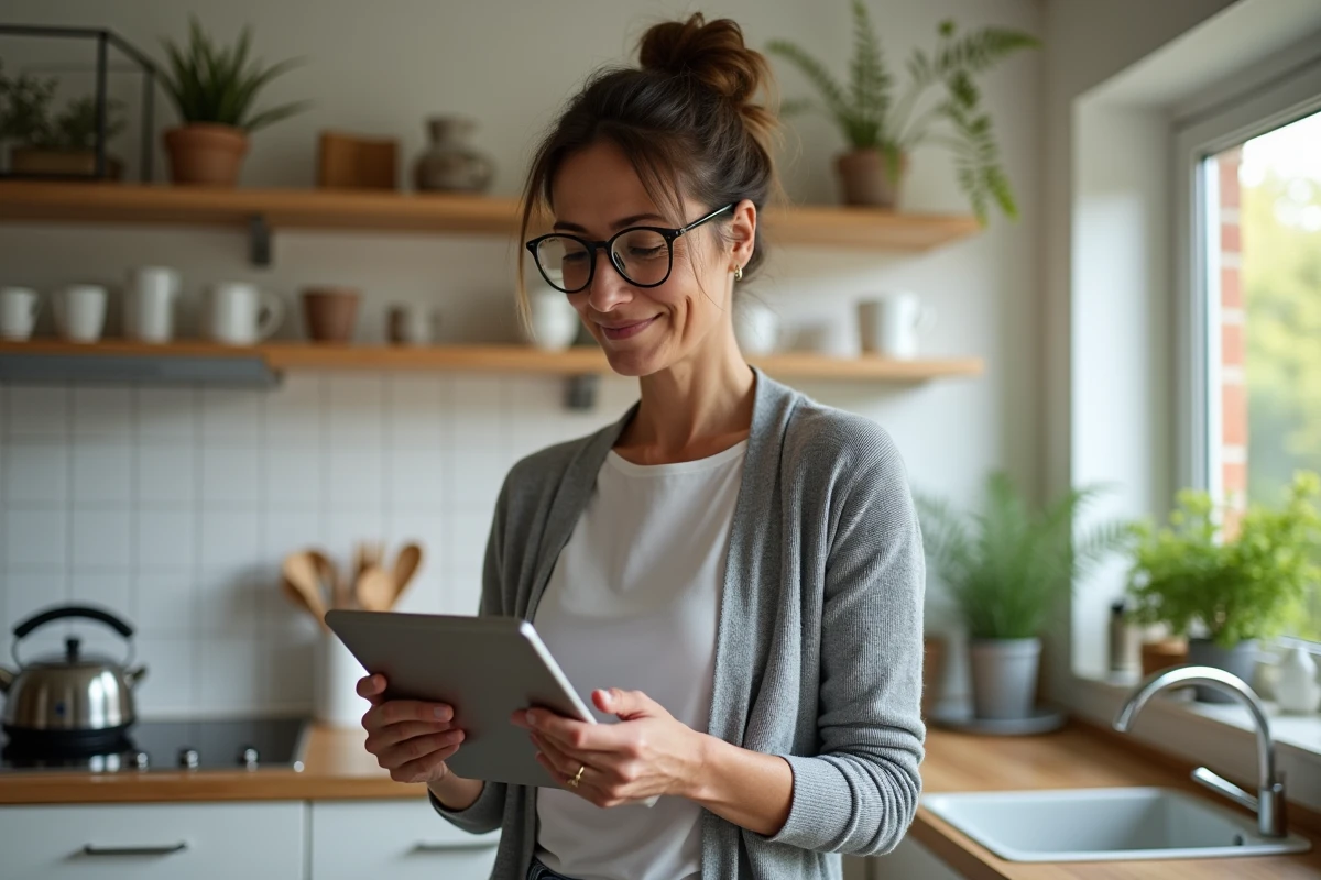 Femme souriante lit un article SEO dans sa cuisine lumineuse