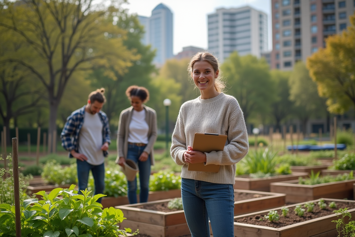 Jeune femme dans un jardin communautaire urbain