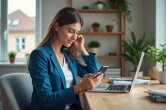 Jeune femme en blazer bleue organise ses posts sur un laptop