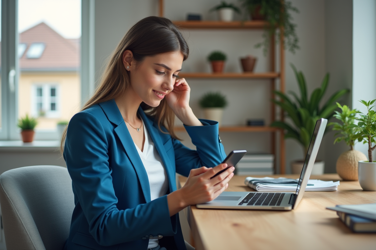 Jeune femme en blazer bleue organise ses posts sur un laptop