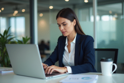 Femme professionnelle concentrée sur son ordinateur dans un bureau moderne