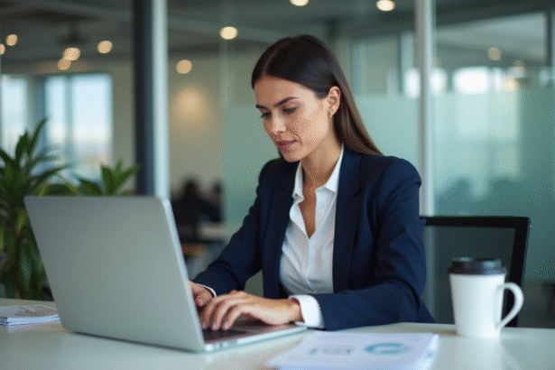 Femme professionnelle concentrée sur son ordinateur dans un bureau moderne