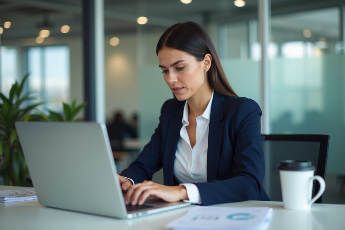 Femme professionnelle concentrée sur son ordinateur dans un bureau moderne