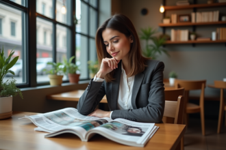 Jeune femme en blazer compare magazines au cafe
