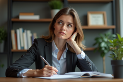 Femme réfléchissant dans son bureau professionnel