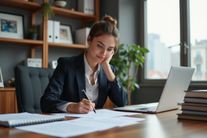 Jeune femme d'affaires signant un document dans un bureau