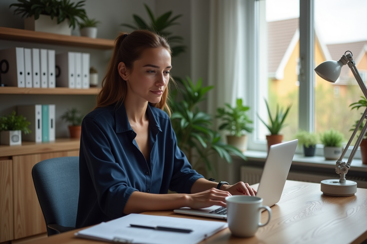 Femme en télétravail dans un bureau moderne à domicile
