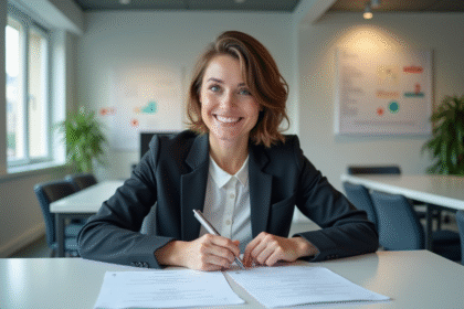 Femme au bureau remplissant des documents officiels