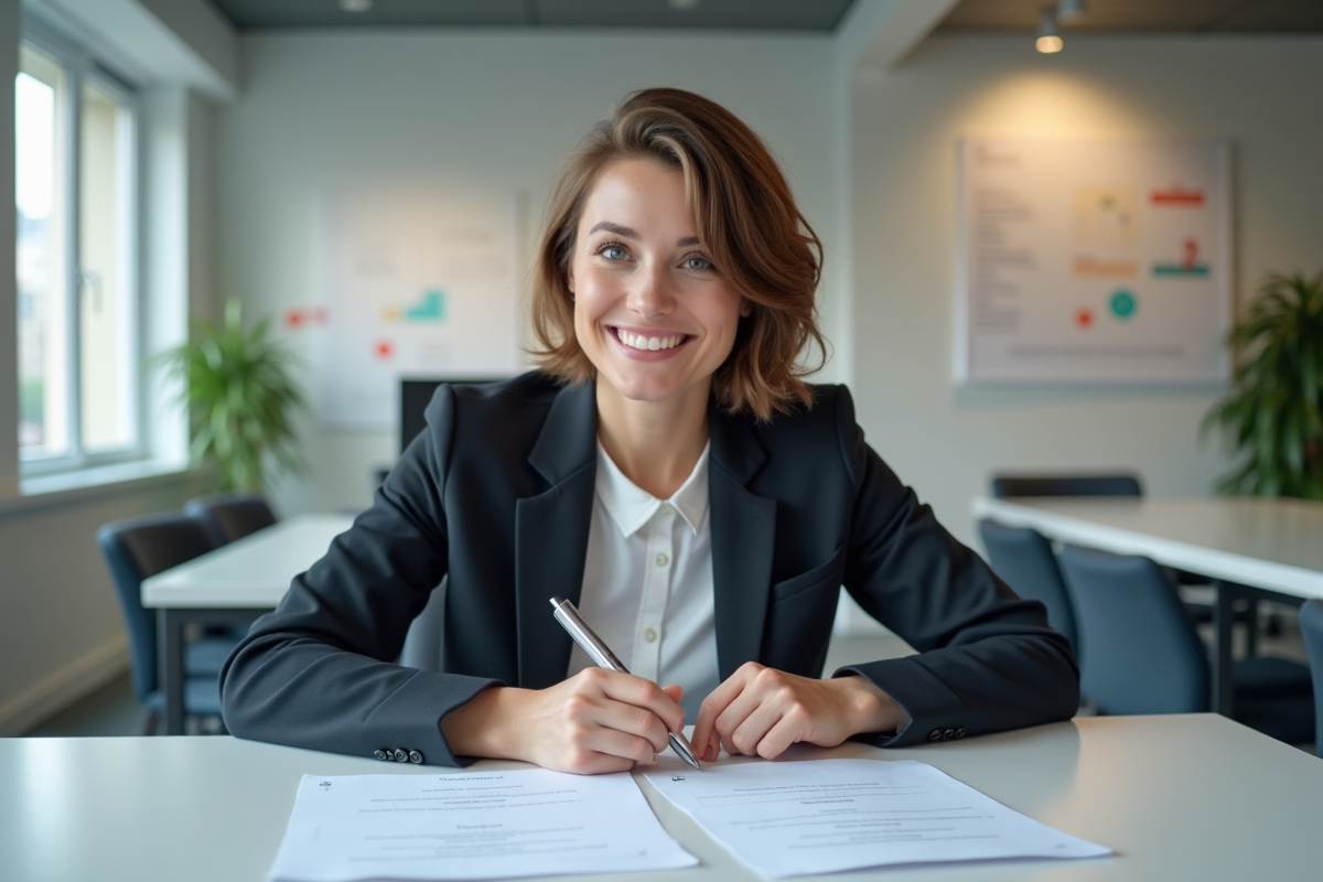 Femme au bureau remplissant des documents officiels