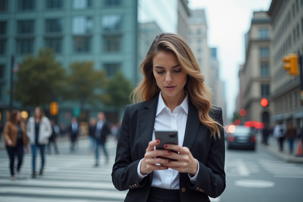 Jeune femme professionnelle regarde son smartphone dans la ville